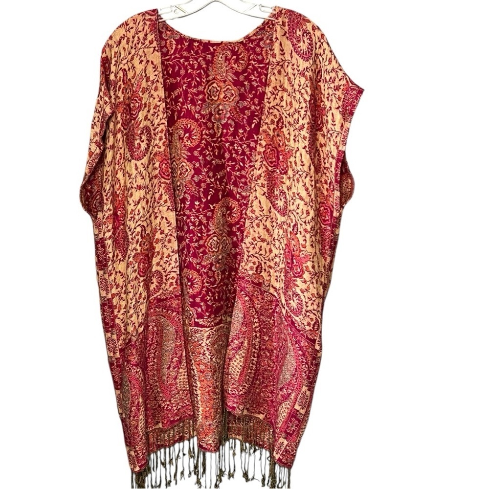 Pashmina Wool Fringe Open Front Kimono Cardigan Burgundy Gold Paisley One Size